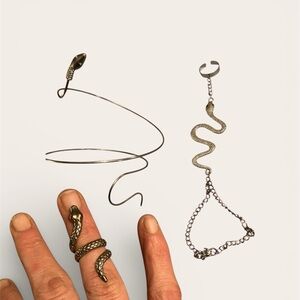 Silver costume snake set bangle bracelet and end finger ring